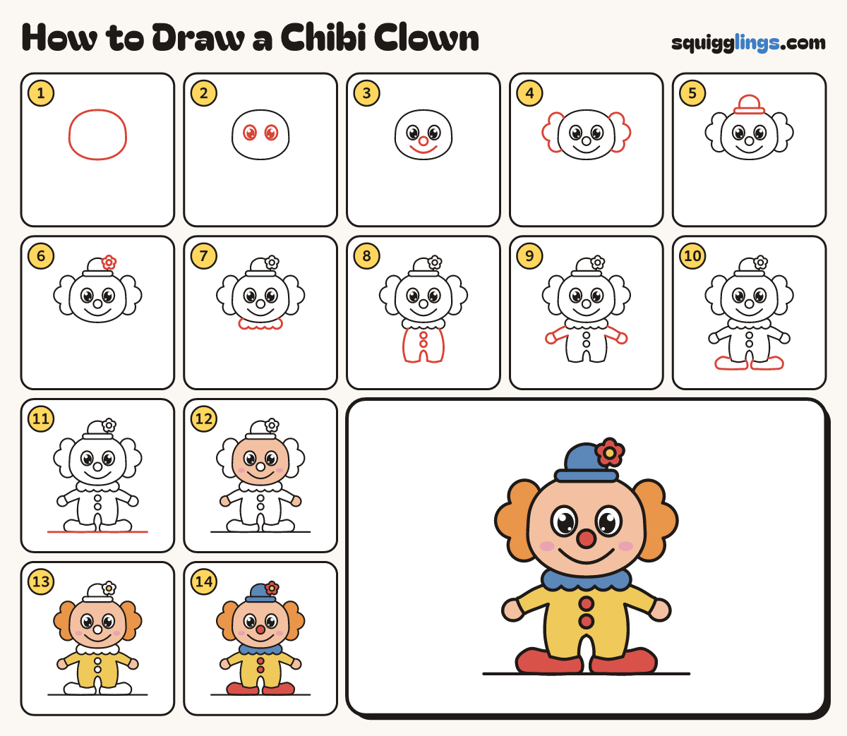 How to Draw a Chibi Clown step by step: all 14 steps in one picture
