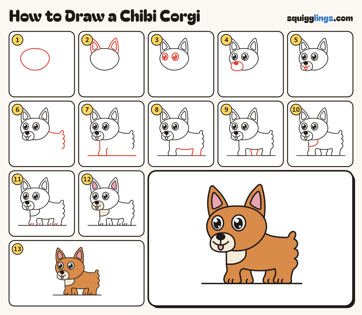 How to Draw a Chibi Corgi step by step: all 13 steps in one picture