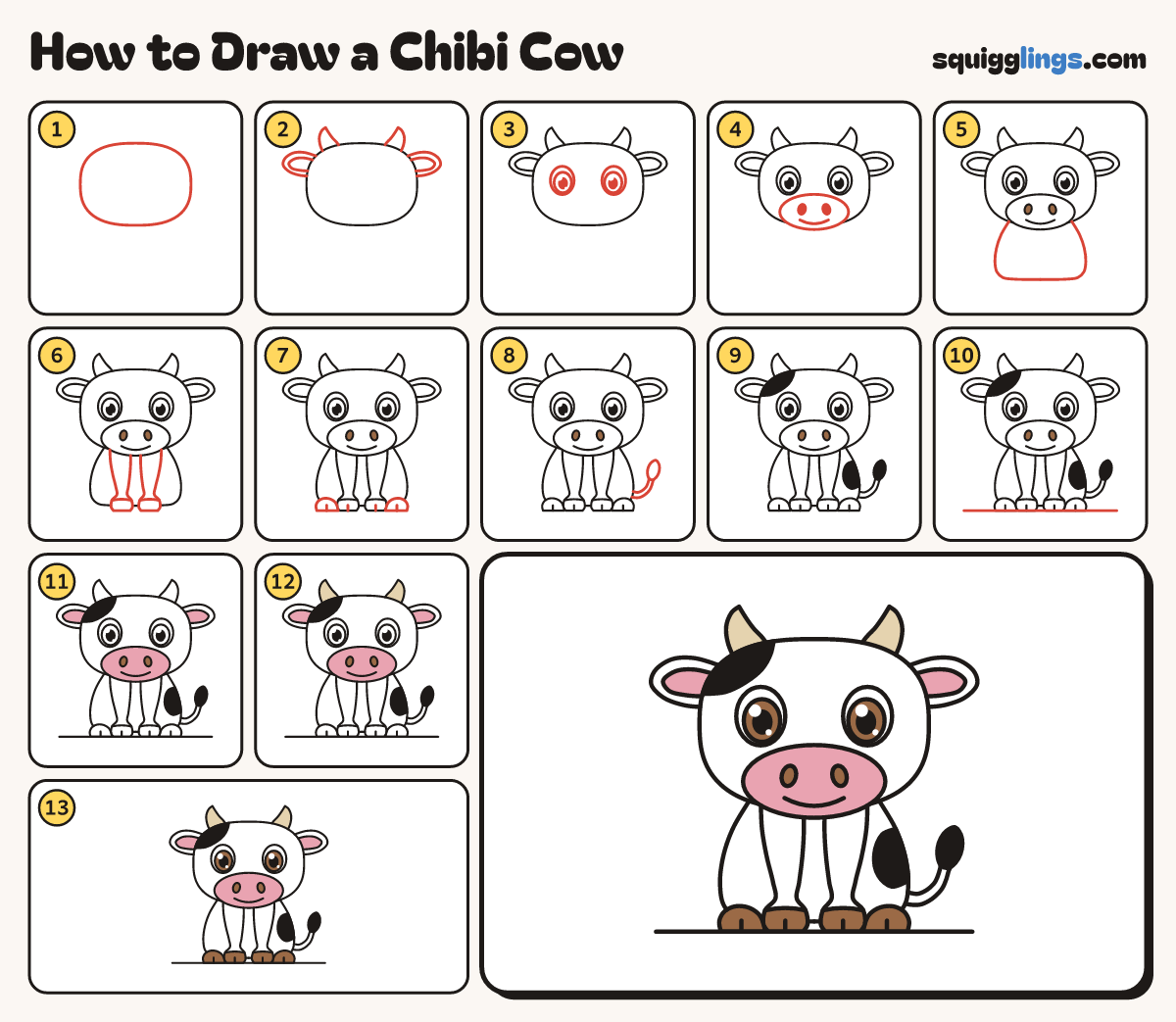 How to Draw a Chibi Cow step by step: all 13 steps in one picture
