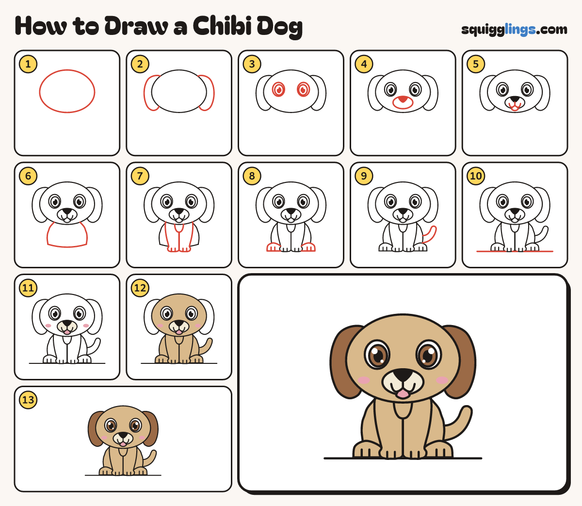 How to Draw a Chibi Dog step by step: all 13 steps in one picture