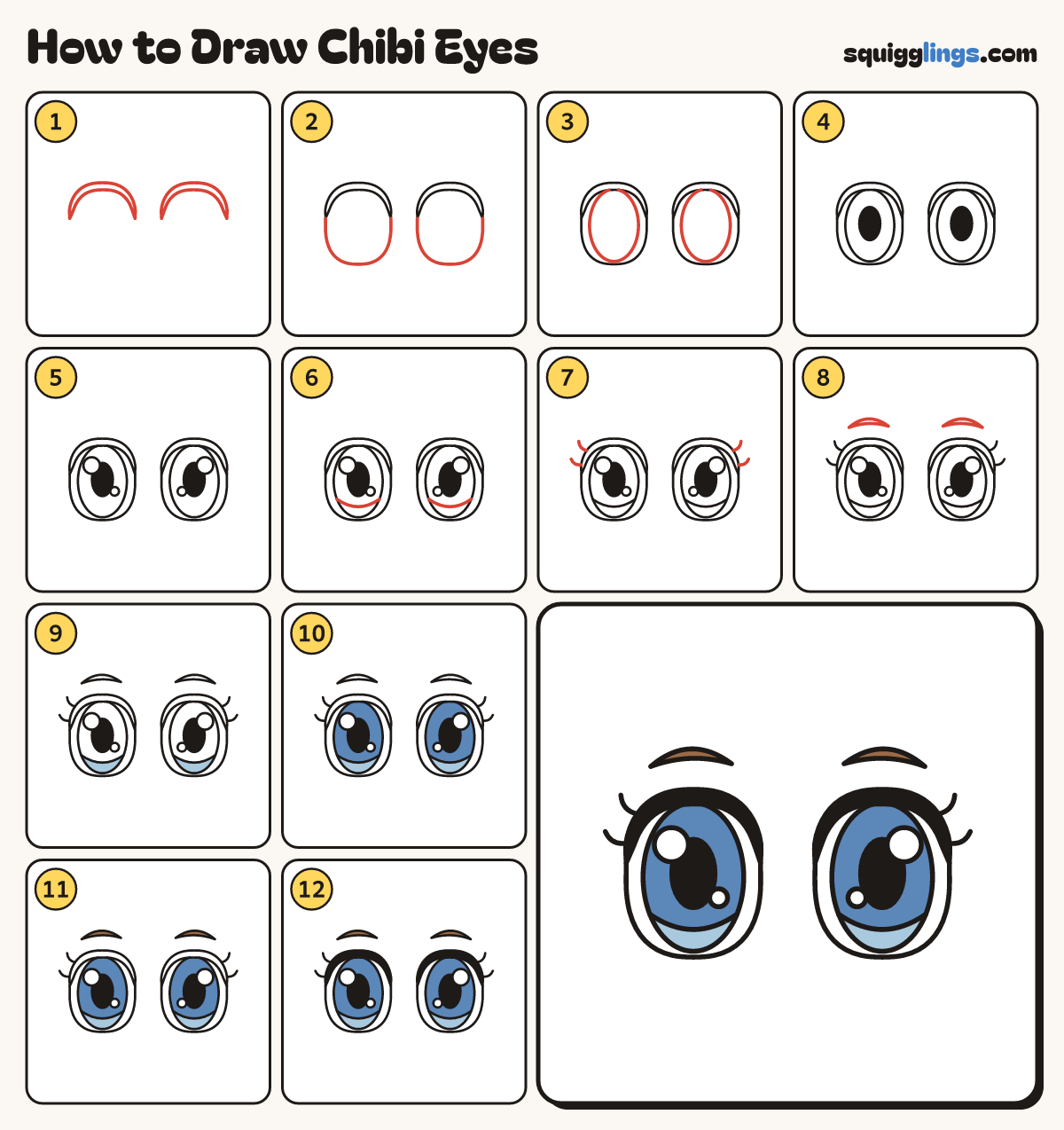 How to Draw Chibi Eyes step by step: all 12 steps in one picture