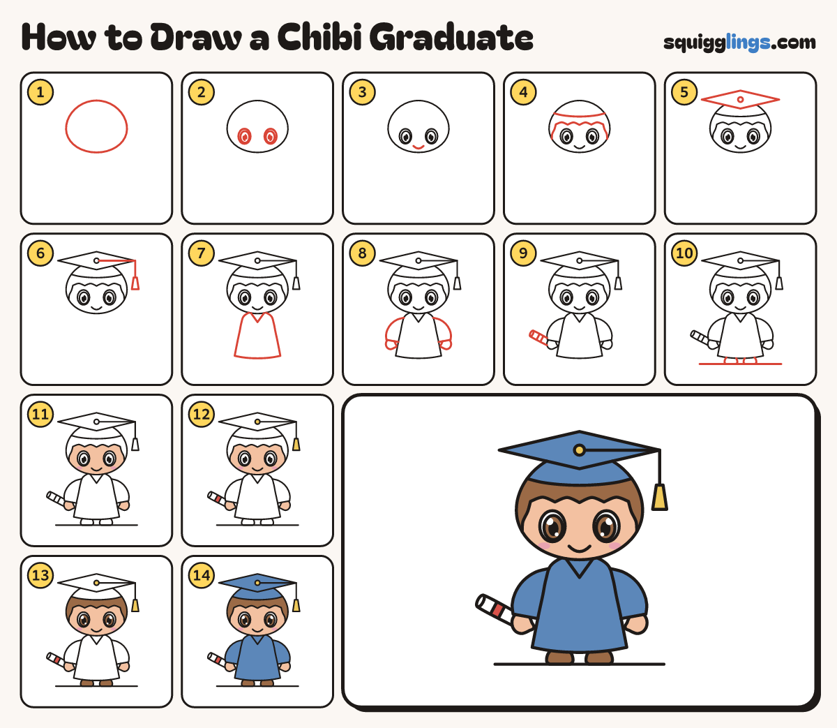 How to Draw a Chibi Graduate step by step: all 14 steps in one picture