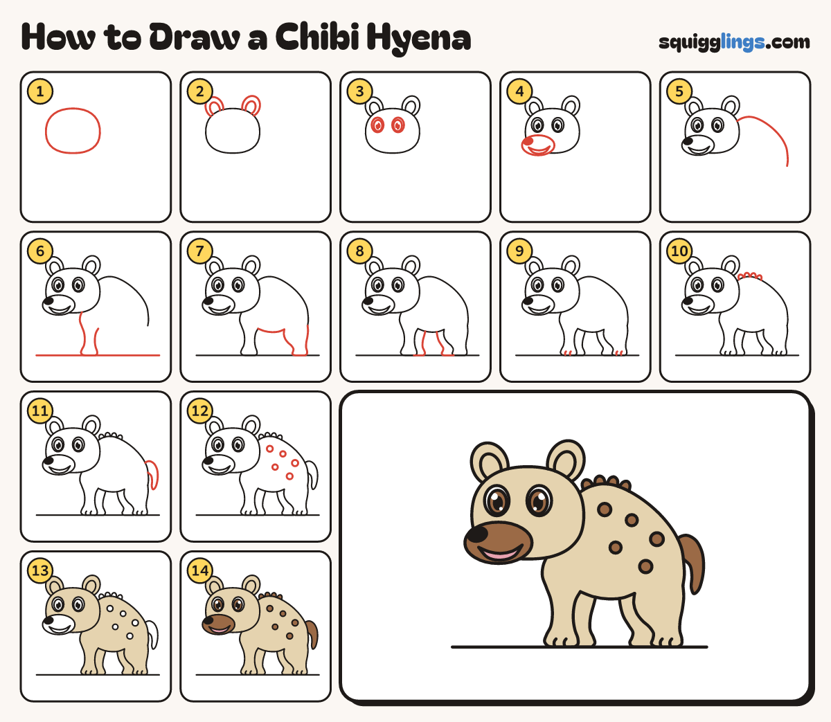 How to Draw a Chibi Hyena step by step: all 14 steps in one picture