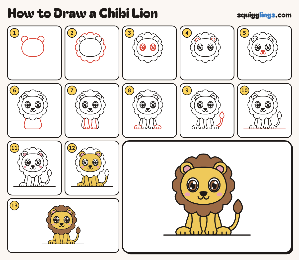 How to Draw a Chibi Lion step by step: all 13 steps in one picture