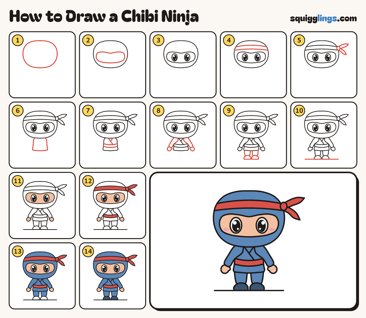 How to Draw a Chibi Ninja step by step: all 14 steps in one picture