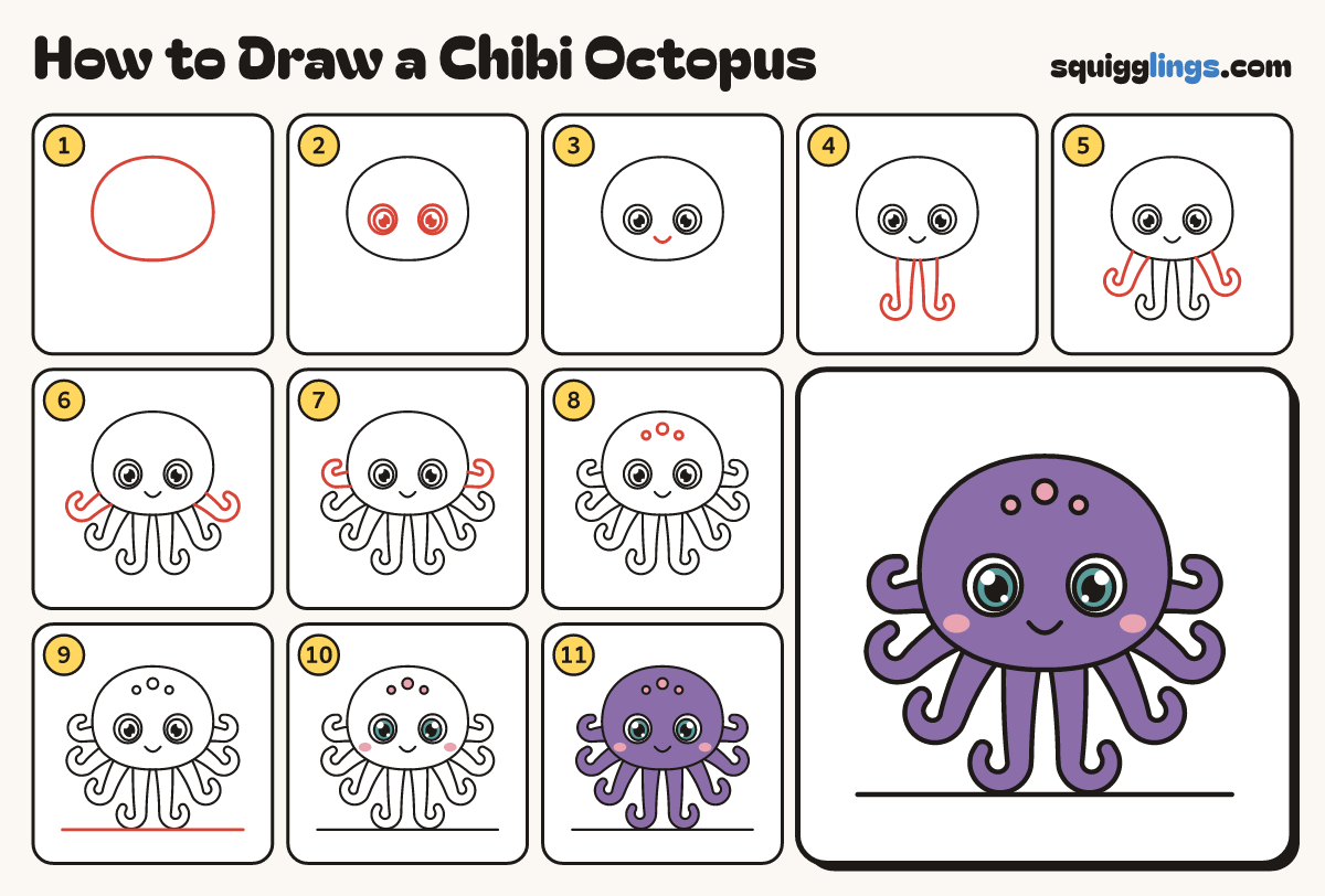 How to Draw a Chibi Octopus step by step: all 11 steps in one picture