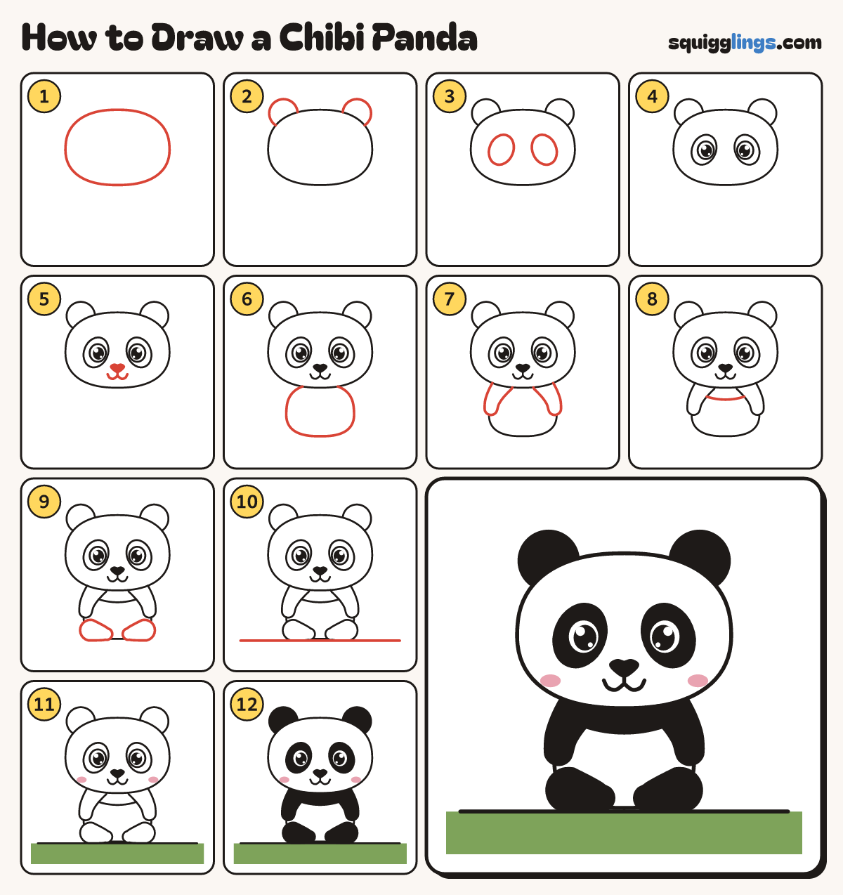 How to Draw a Chibi Panda step by step: all 12 steps in one picture