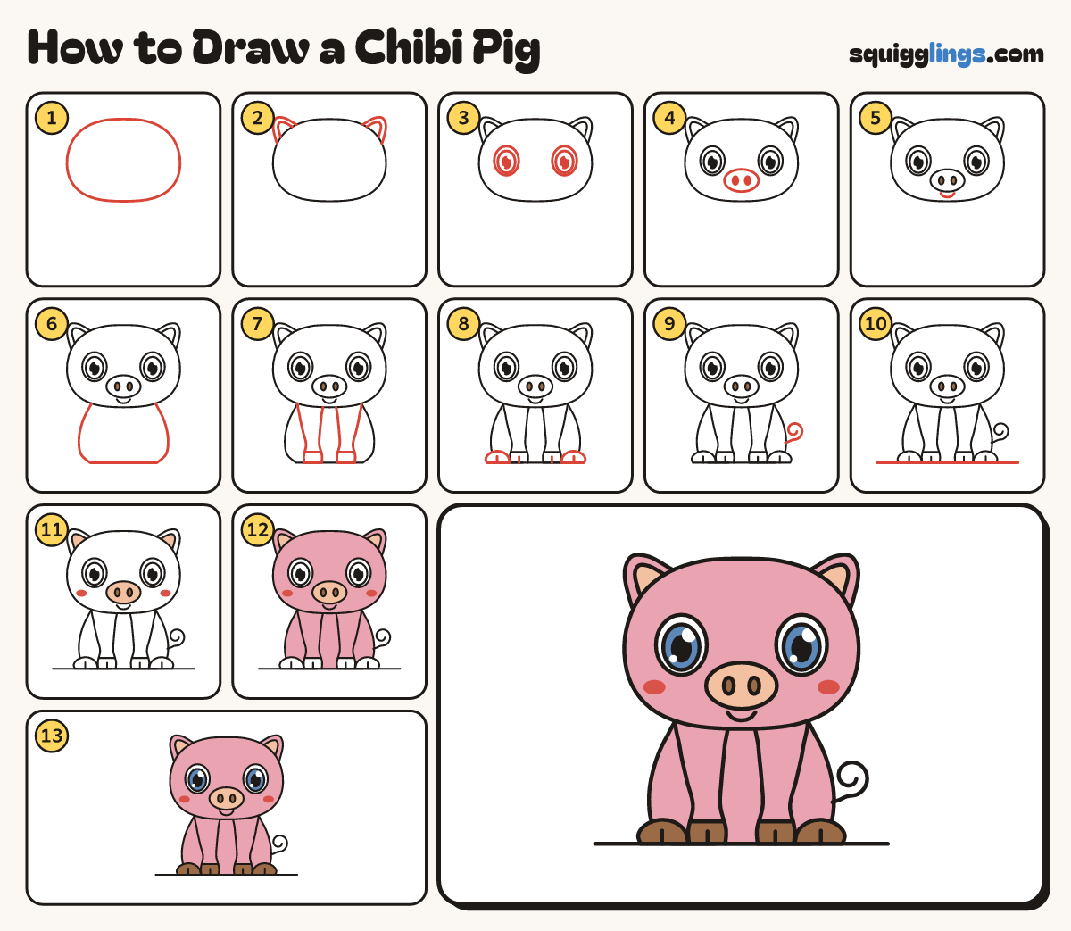 How to Draw a Chibi Pig step by step: all 13 steps in one picture