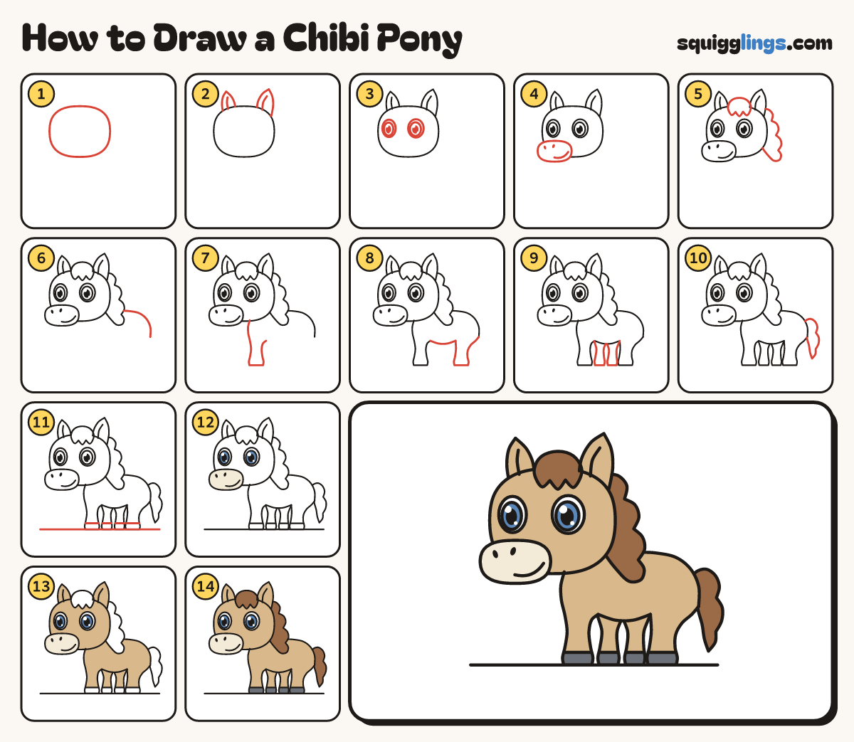 How to Draw a Chibi Pony step by step: all 14 steps in one picture