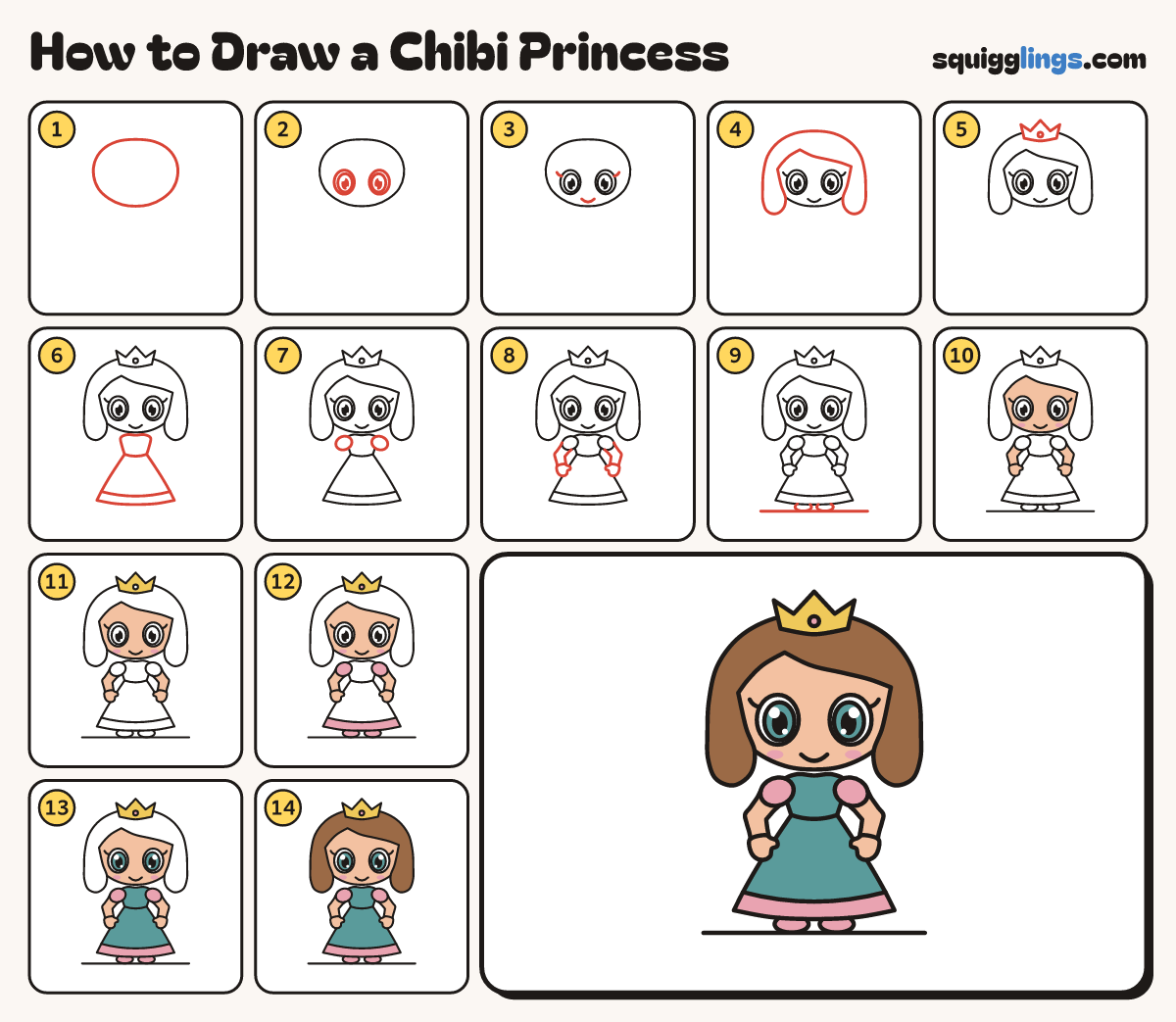 How to Draw a Chibi Princess step by step: all 14 steps in one picture