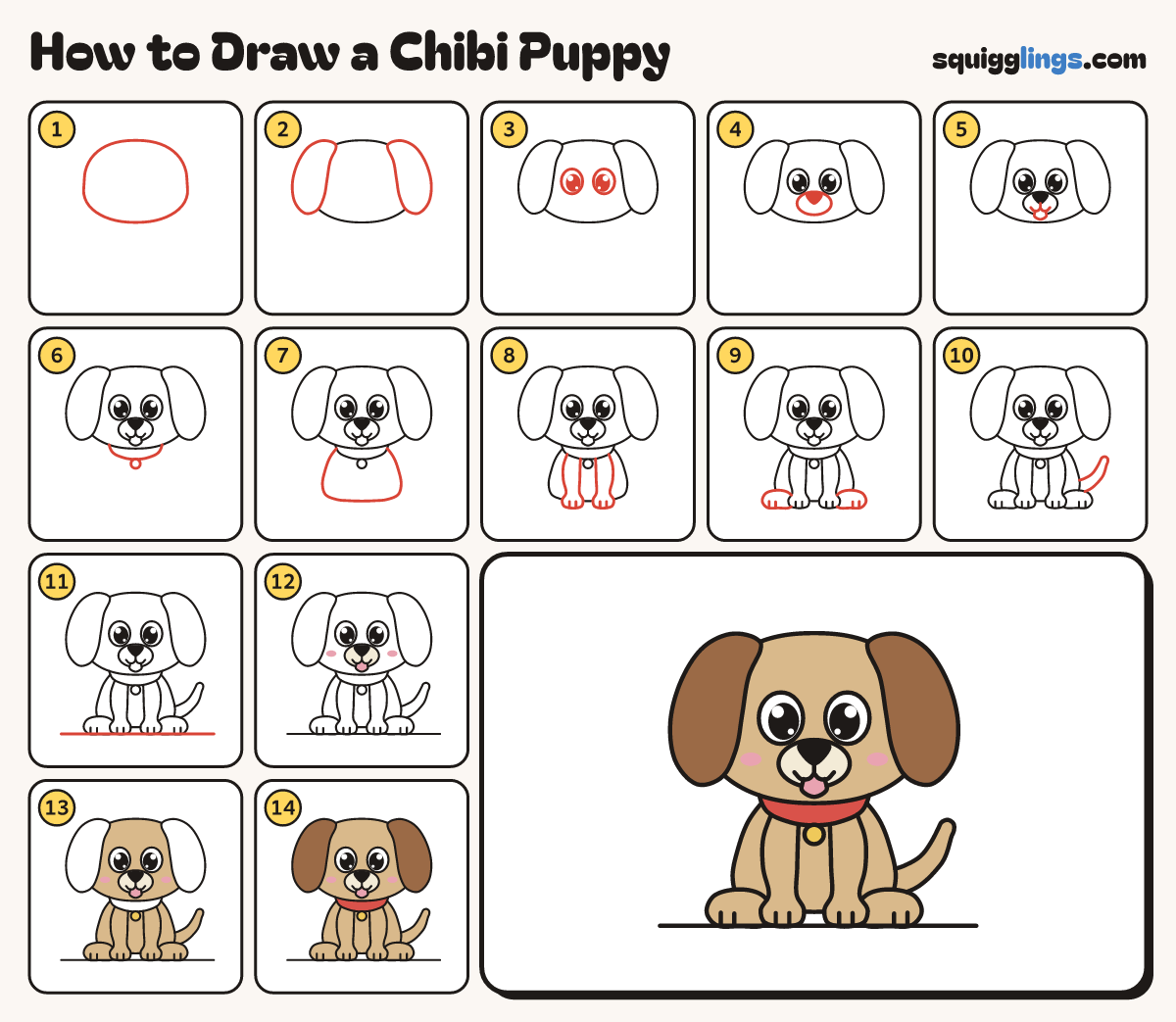 How to Draw a Chibi Puppy step by step: all 14 steps in one picture