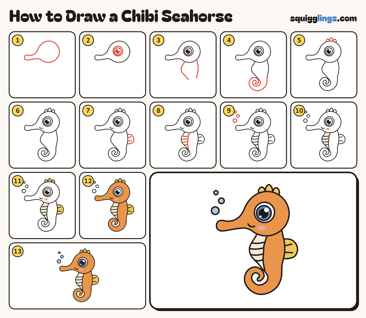 How to Draw a Chibi Seahorse step by step: all 13 steps in one picture