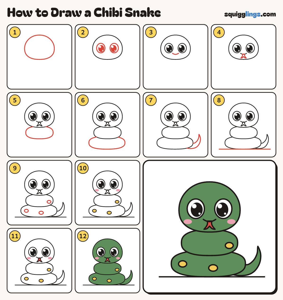 How to Draw a Chibi Snake step by step: all 12 steps in one picture