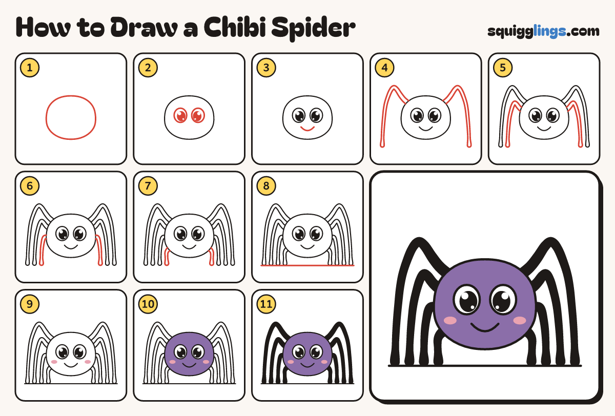How to Draw a Chibi Spider step by step: all 11 steps in one picture