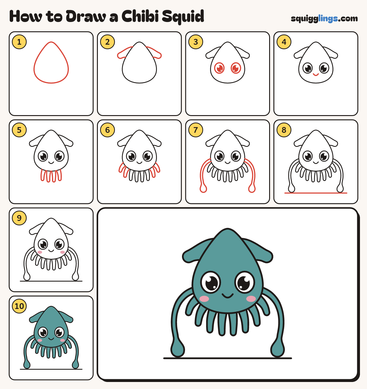 How to Draw a Chibi Squid step by step: all 10 steps in one picture