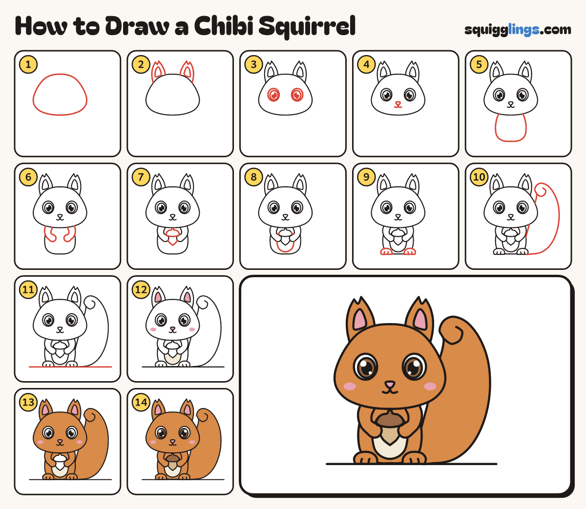 How to Draw a Chibi Squirrel step by step: all 14 steps in one picture