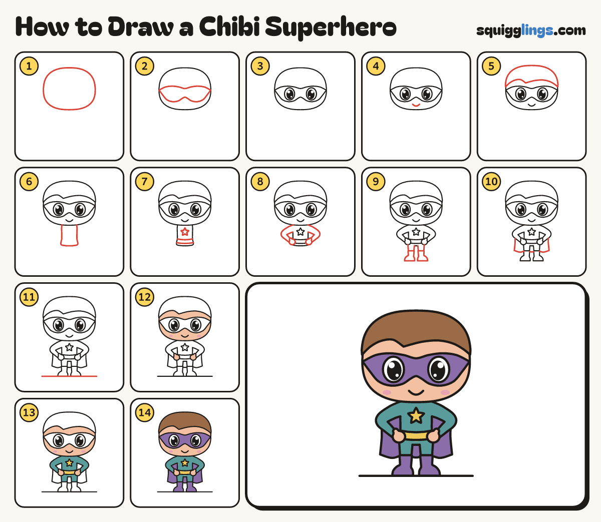 How to Draw a Chibi Superhero step by step: all 14 steps in one picture
