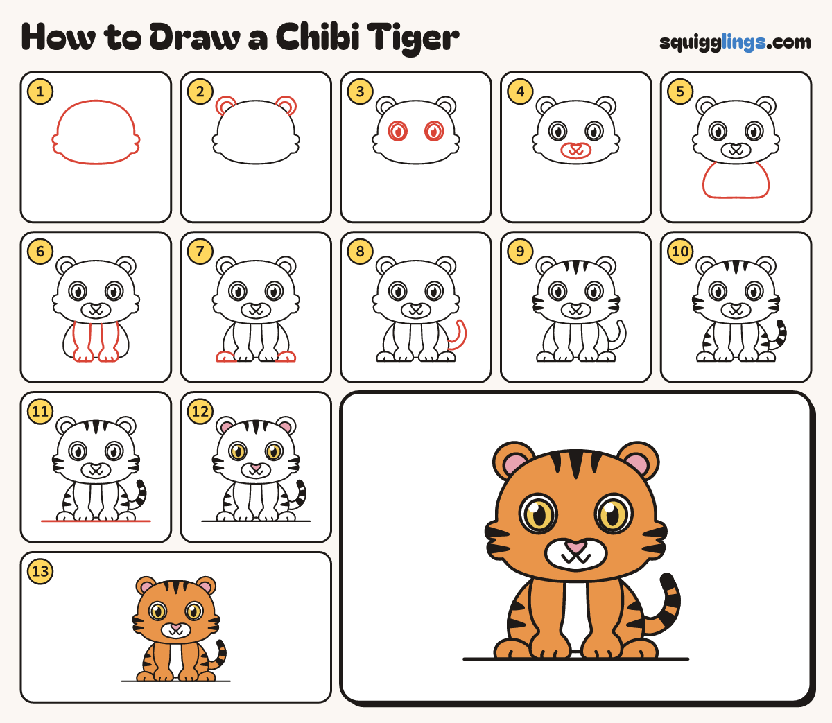 How to Draw a Chibi Tiger step by step: all 13 steps in one picture