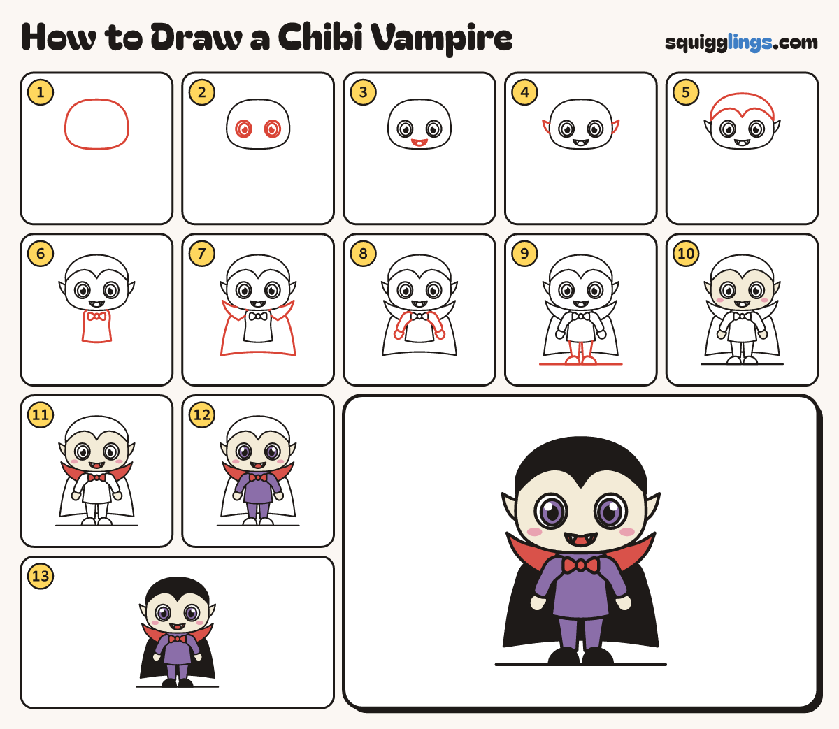 How to Draw a Chibi Vampire step by step: all 13 steps in one picture