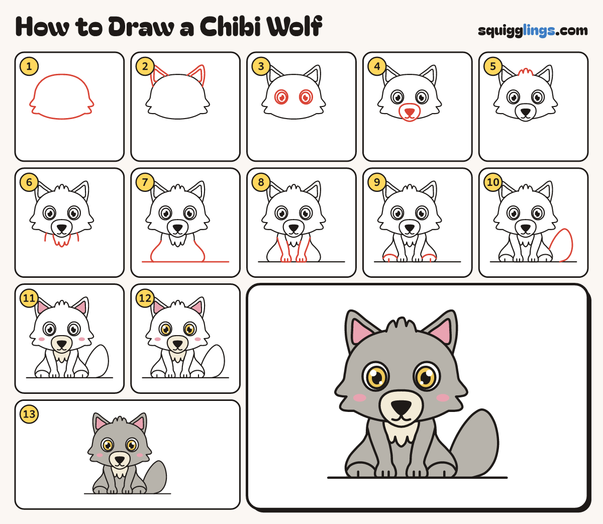 How to Draw a Chibi Wolf step by step: all 13 steps in one picture