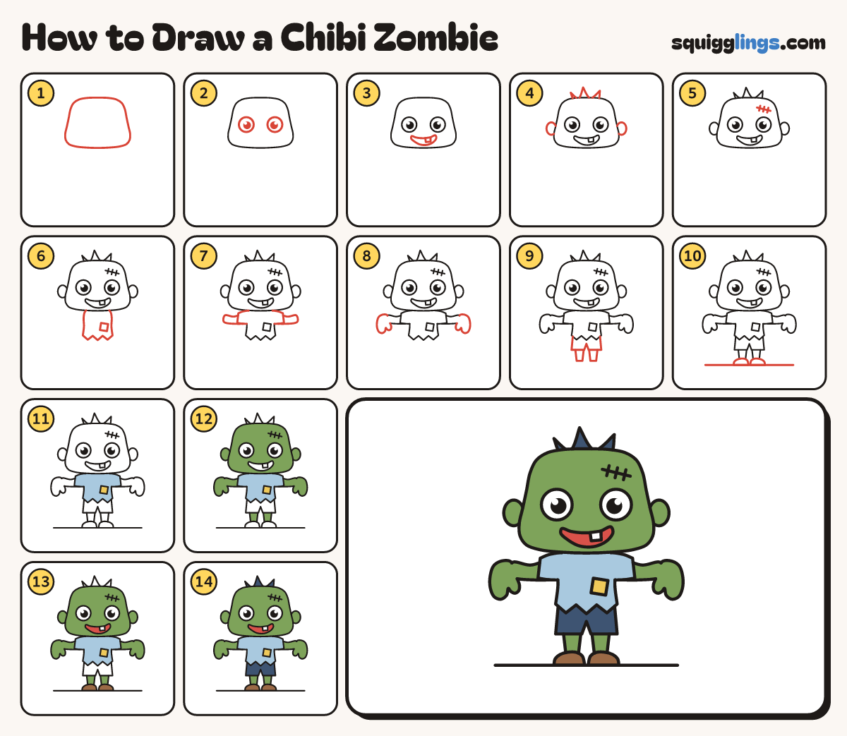 How to Draw a Chibi Zombie step by step: all 14 steps in one picture