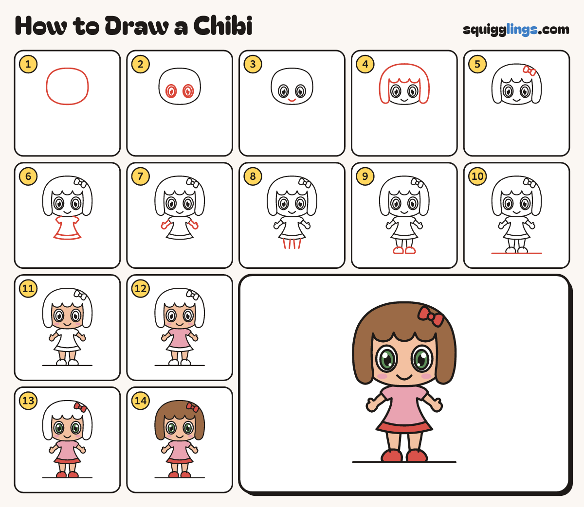 How to Draw a Chibi step by step: all 14 steps in one picture