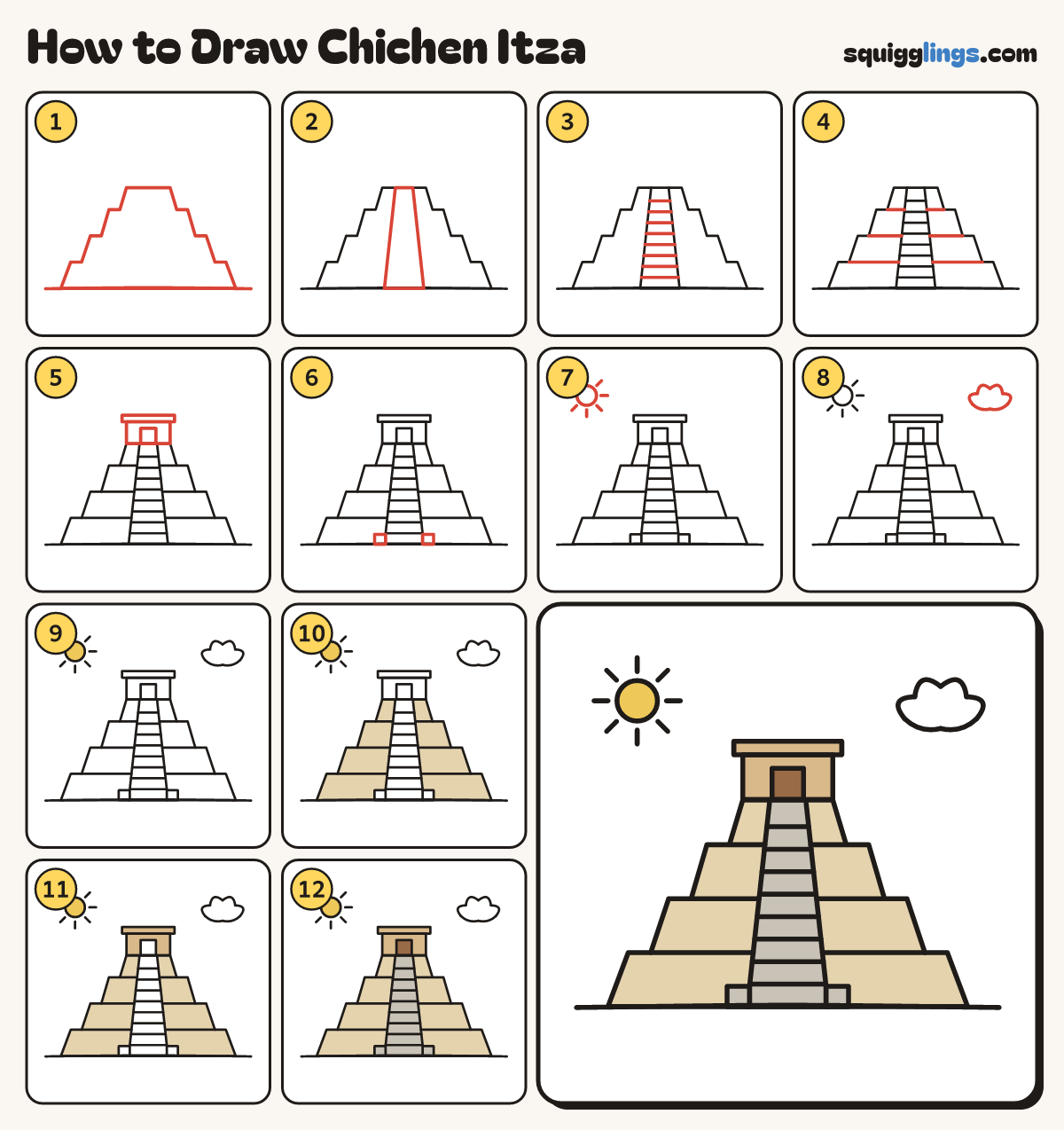 How to Draw Chichen Itza step by step: all 12 steps in one picture