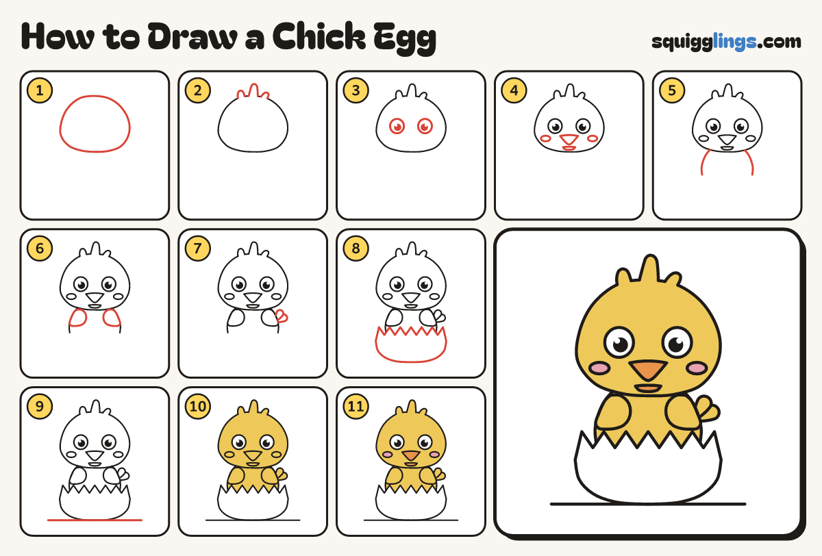 How to Draw a Chick Egg step by step: all 11 steps in one picture