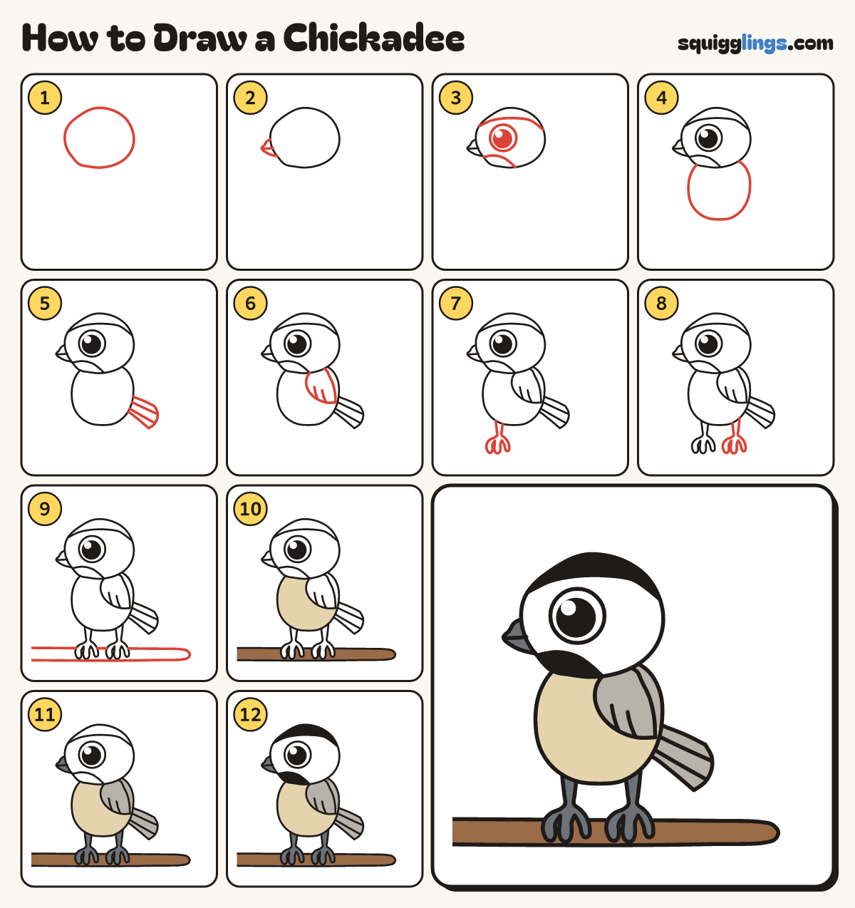 How to Draw a Chickadee step by step: all 12 steps in one picture