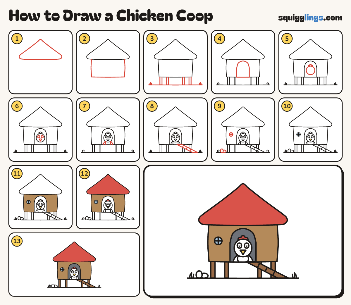 How to Draw a Chicken Coop step by step: all 13 steps in one picture