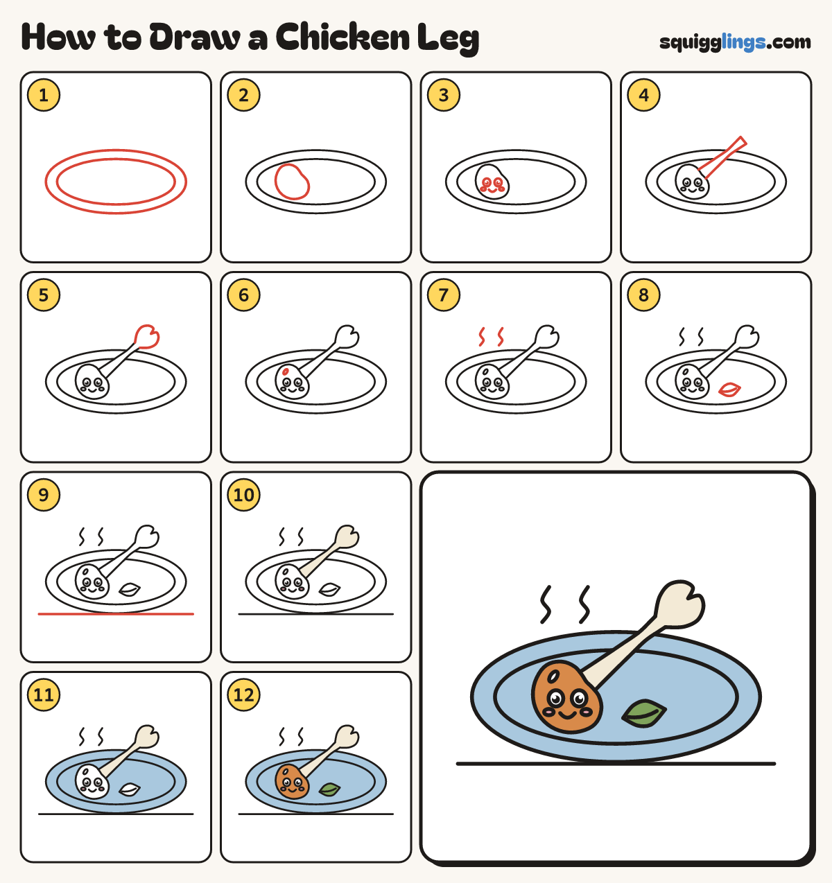 How to Draw a Chicken Leg step by step: all 12 steps in one picture