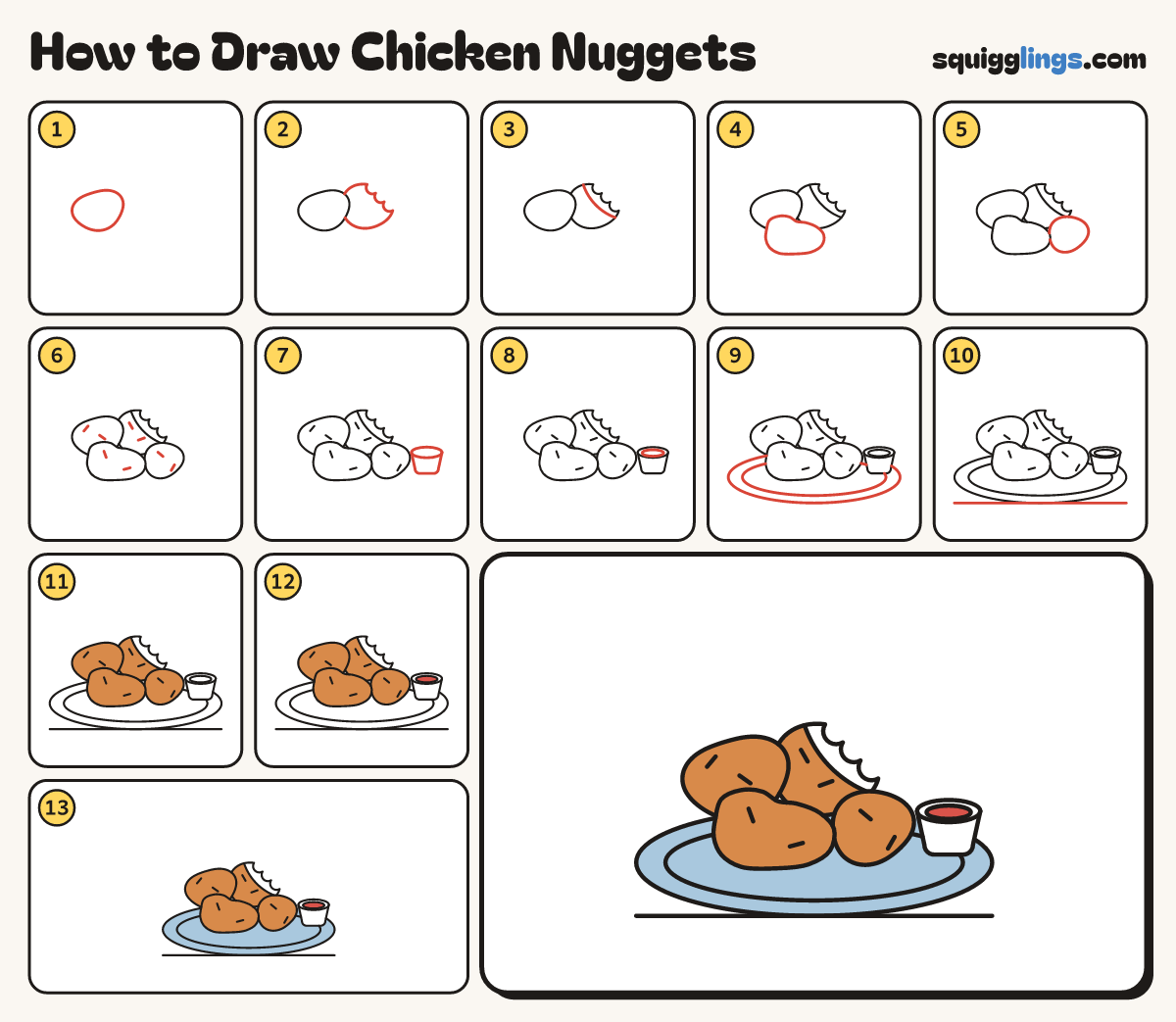 How to Draw Chicken Nuggets step by step: all 13 steps in one picture