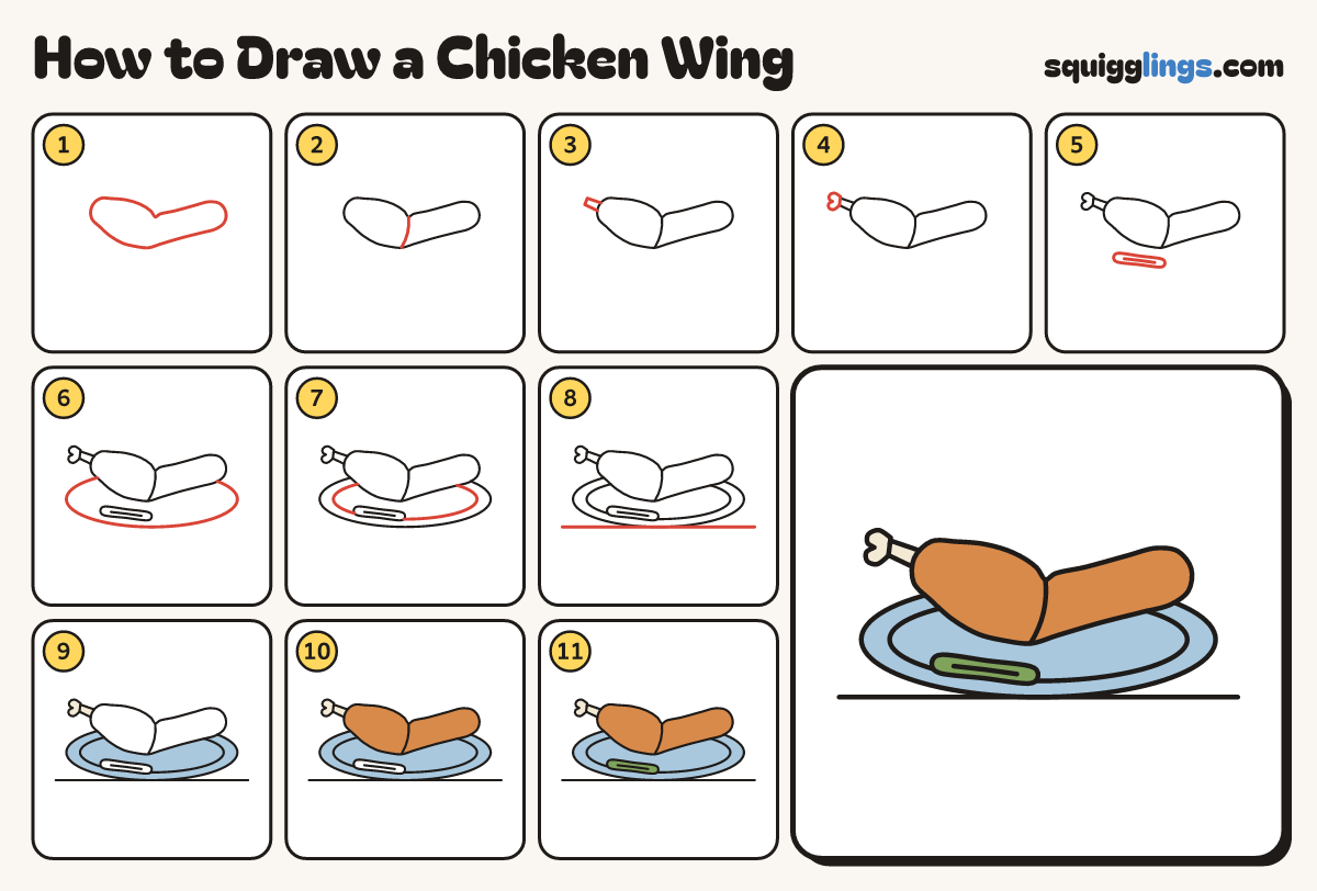 How to Draw a Chicken Wing step by step: all 11 steps in one picture
