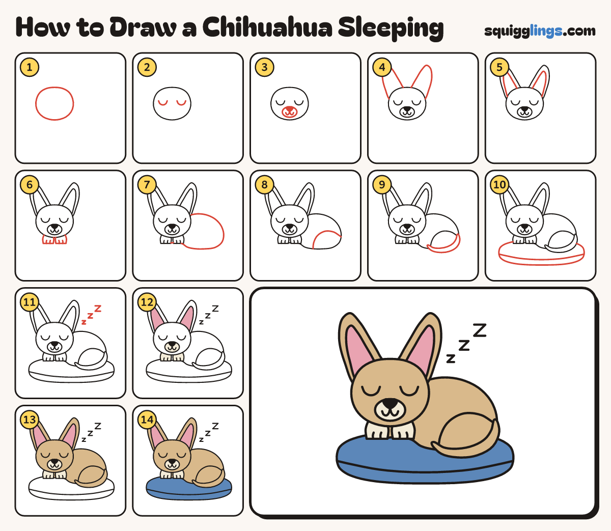 How to Draw a Chihuahua Sleeping step by step: all 14 steps in one picture