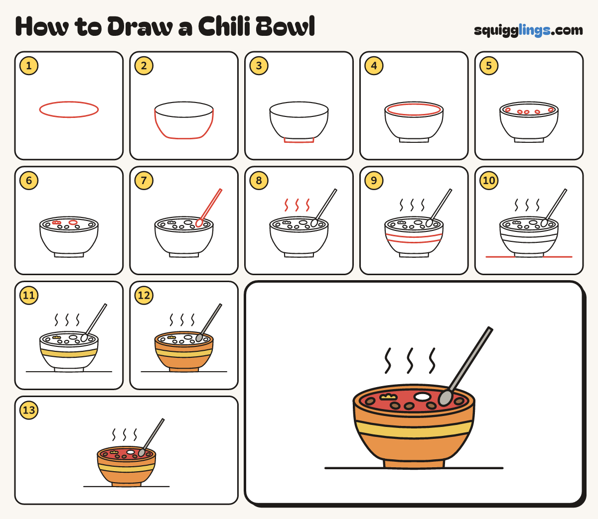 How to Draw a Chili Bowl step by step: all 13 steps in one picture