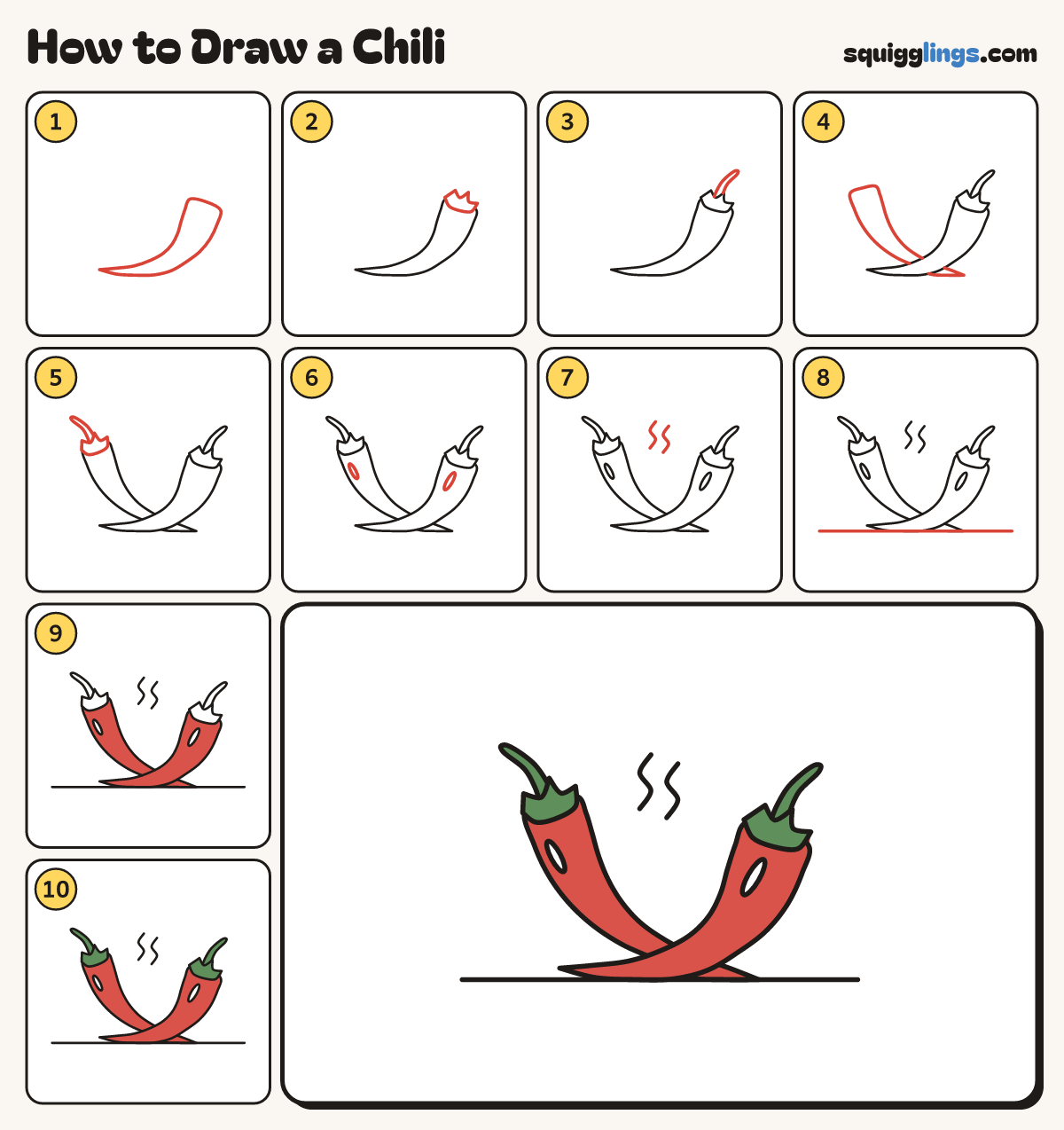 How to Draw a Chili step by step: all 10 steps in one picture
