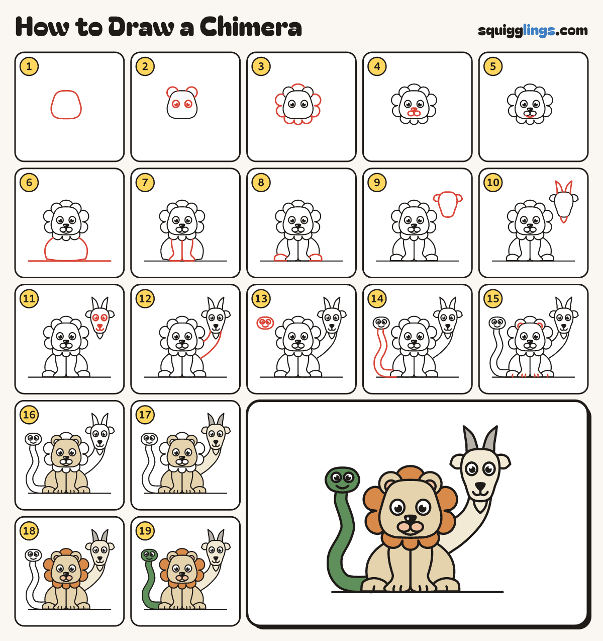 How to Draw a Chimera step by step: all 19 steps in one picture