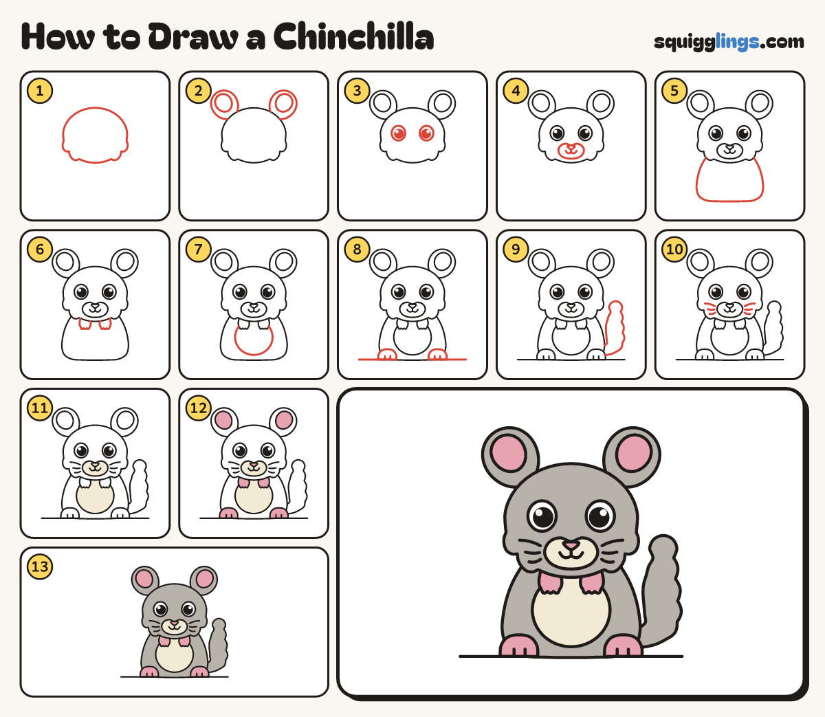 How to Draw a Chinchilla step by step: all 13 steps in one picture