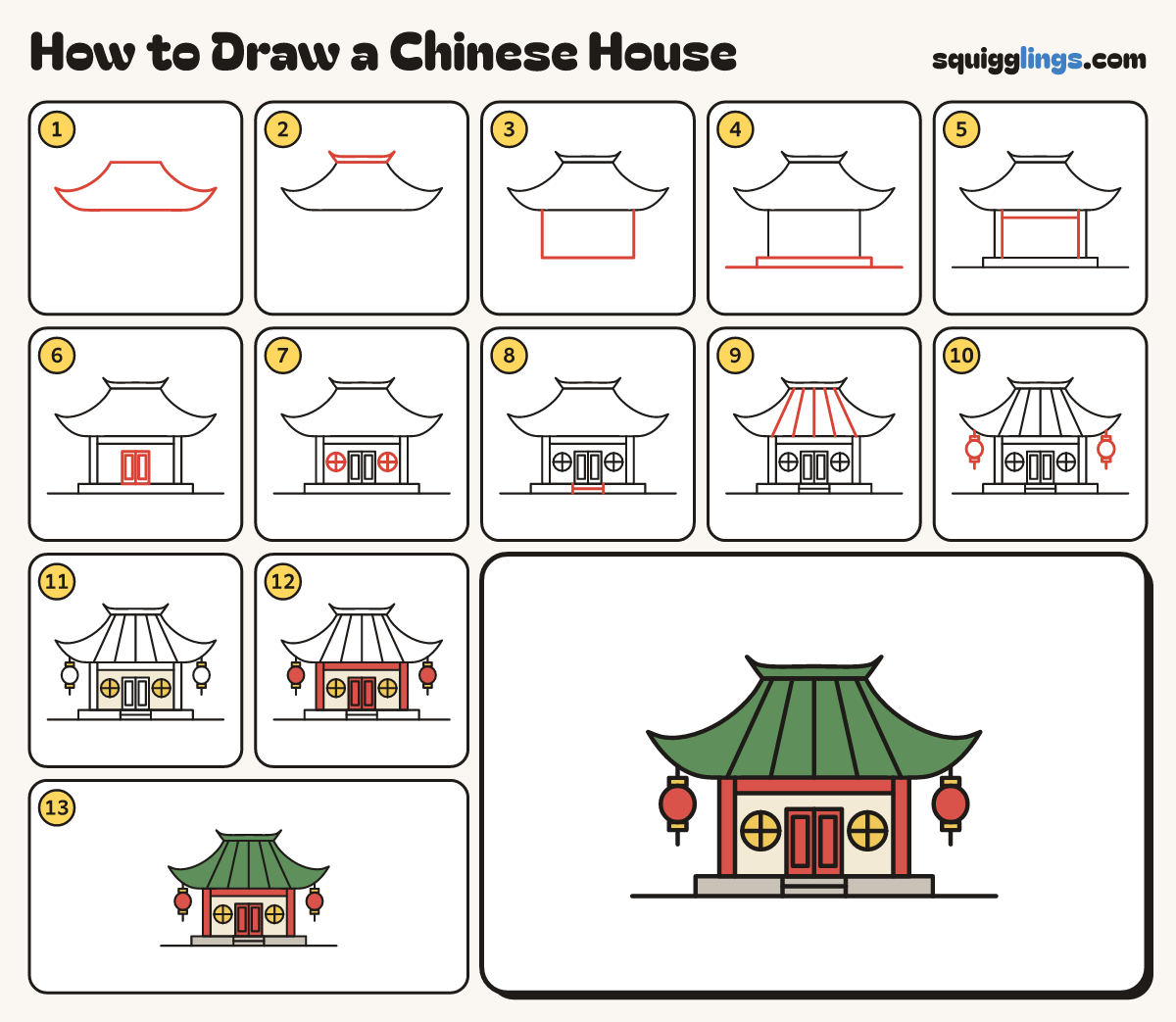 How to Draw a Chinese House step by step: all 13 steps in one picture