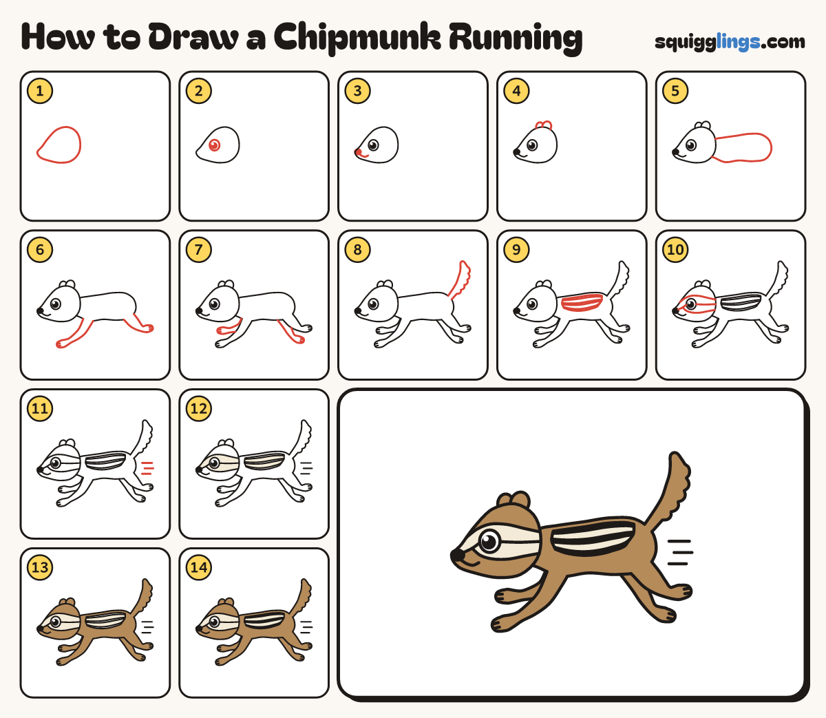 How to Draw a Chipmunk Running step by step: all 14 steps in one picture