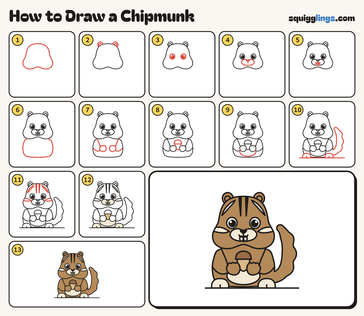 How to Draw a Chipmunk step by step: all 13 steps in one picture