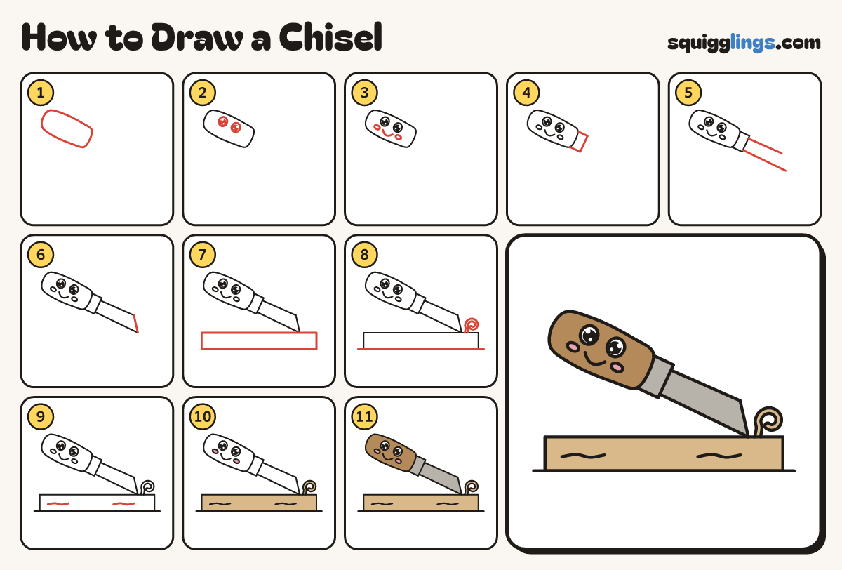 How to Draw a Chisel step by step: all 11 steps in one picture