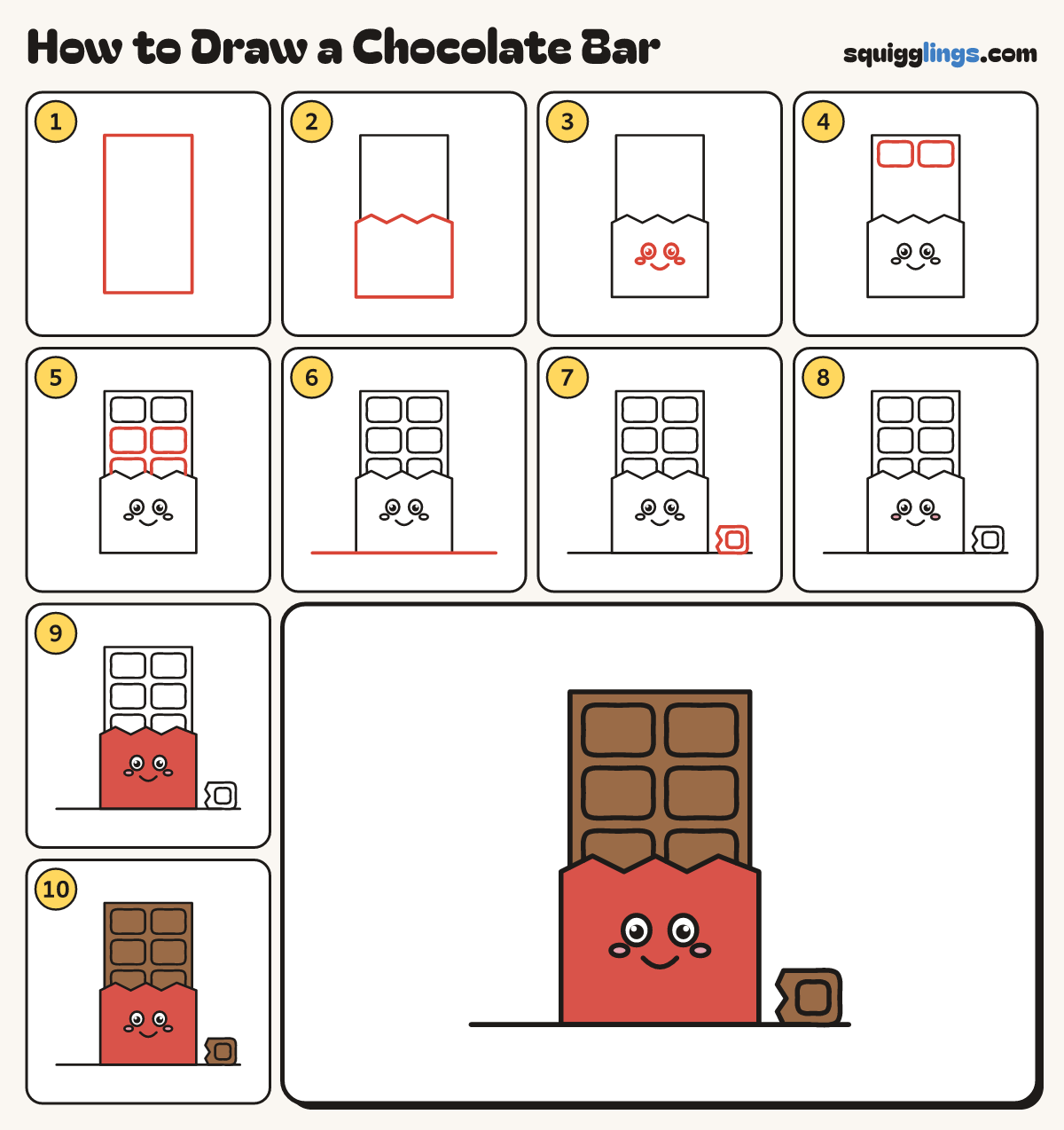How to Draw a Chocolate Bar step by step: all 10 steps in one picture