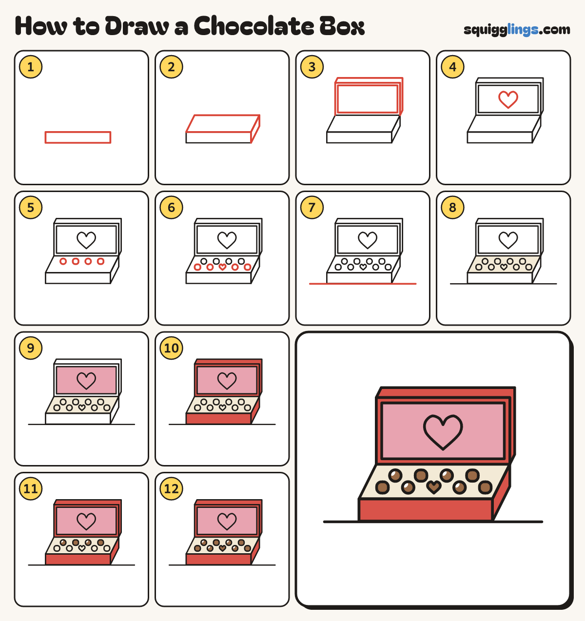 How to Draw a Chocolate Box step by step: all 12 steps in one picture