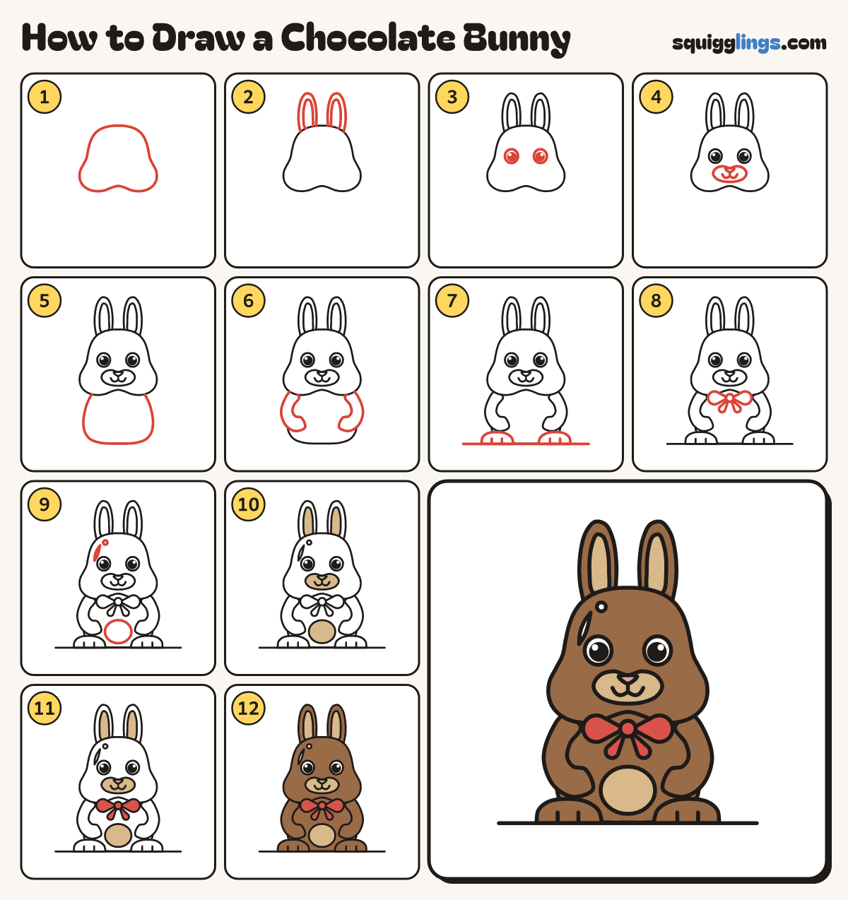 How to Draw a Chocolate Bunny step by step: all 12 steps in one picture