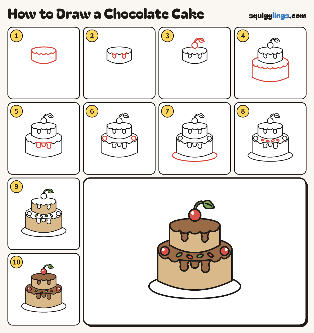 How to Draw a Chocolate Cake step by step: all 10 steps in one picture