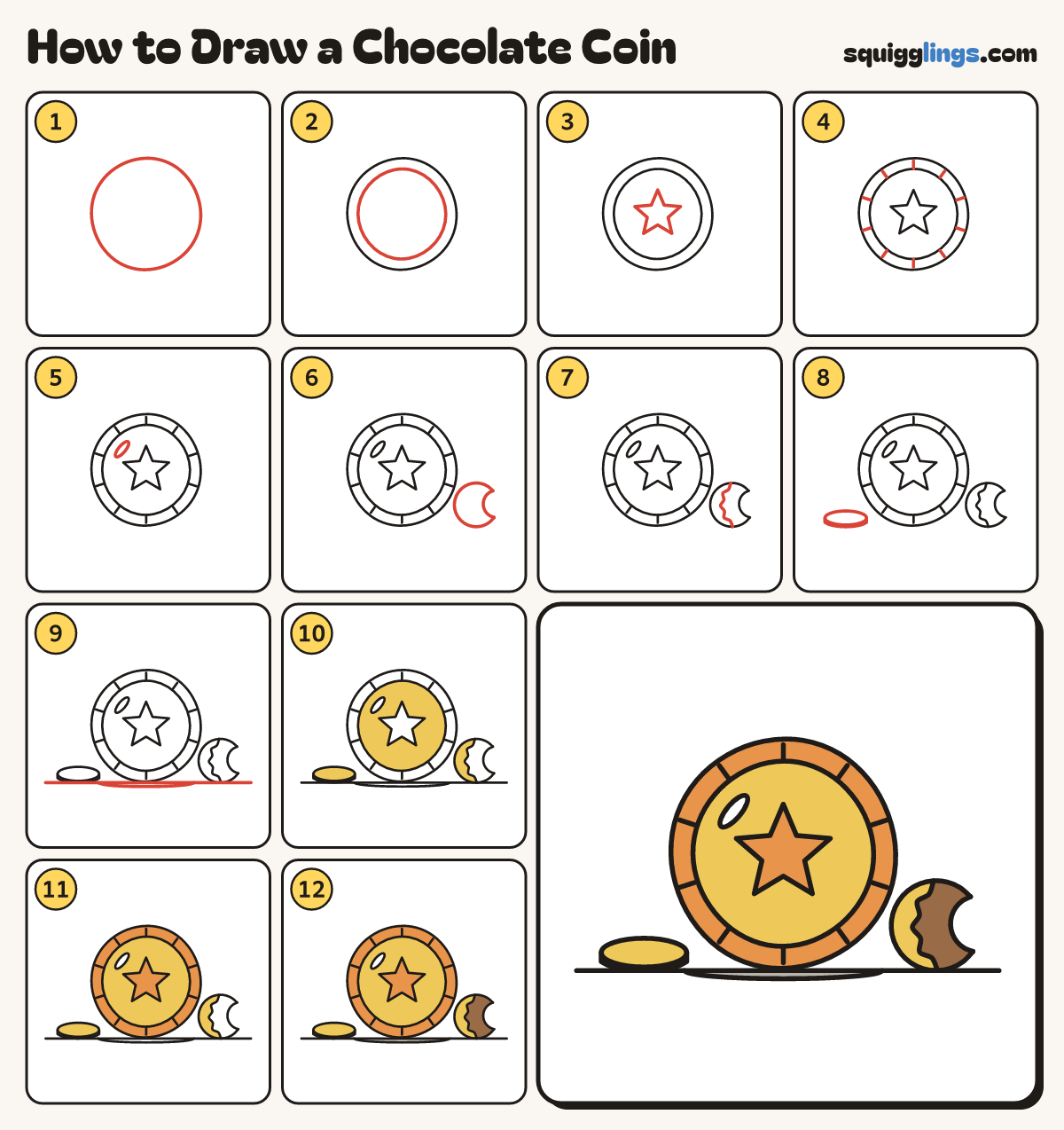 How to Draw a Chocolate Coin step by step: all 12 steps in one picture