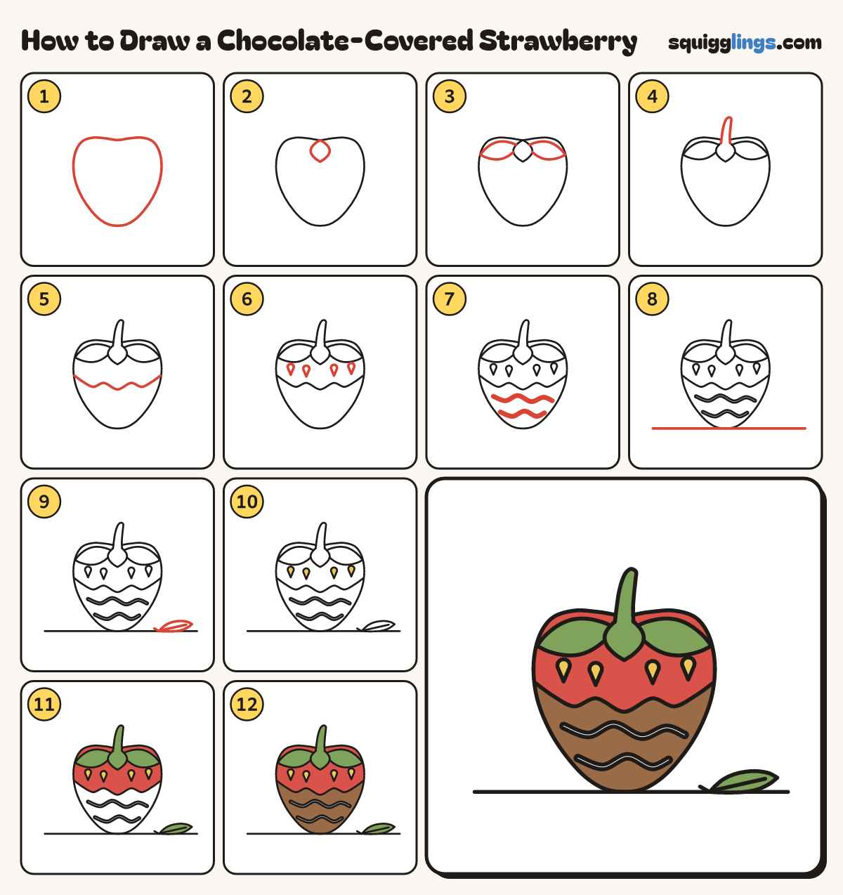 How to Draw a Chocolate-Covered Strawberry step by step: all 12 steps in one picture