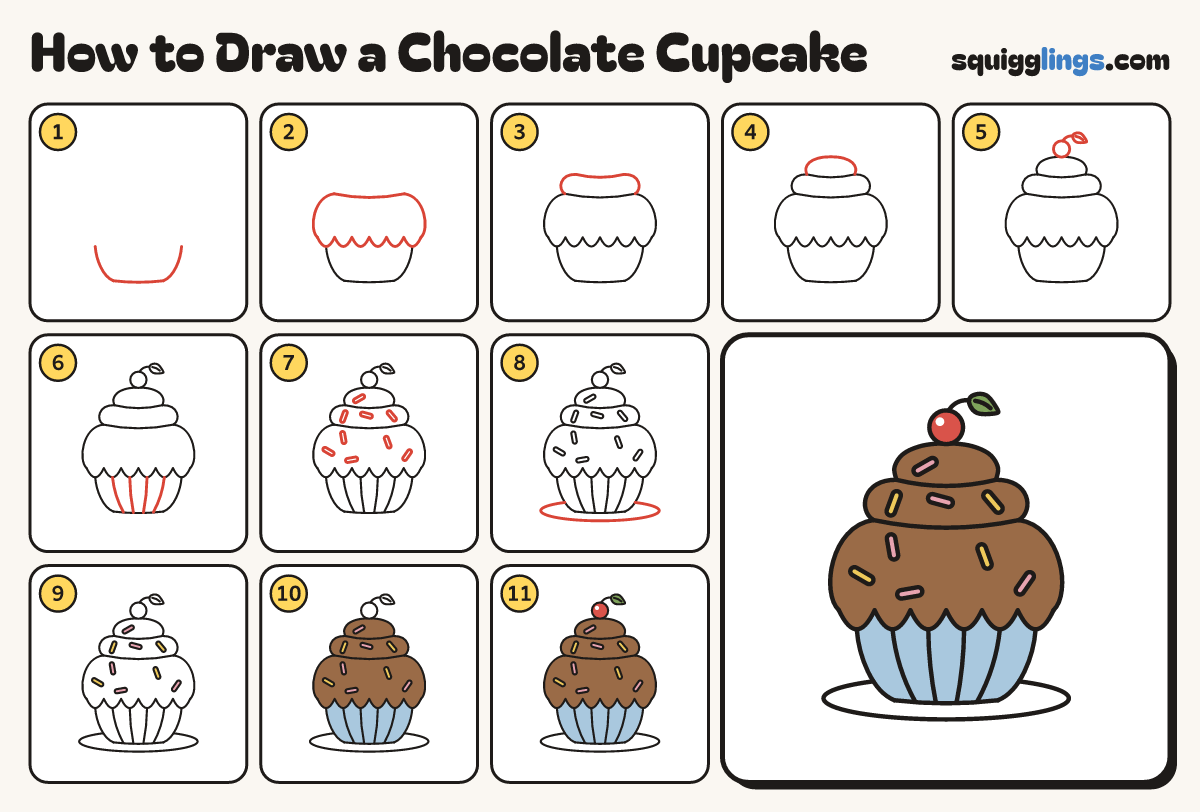 How to Draw a Chocolate Cupcake step by step: all 11 steps in one picture