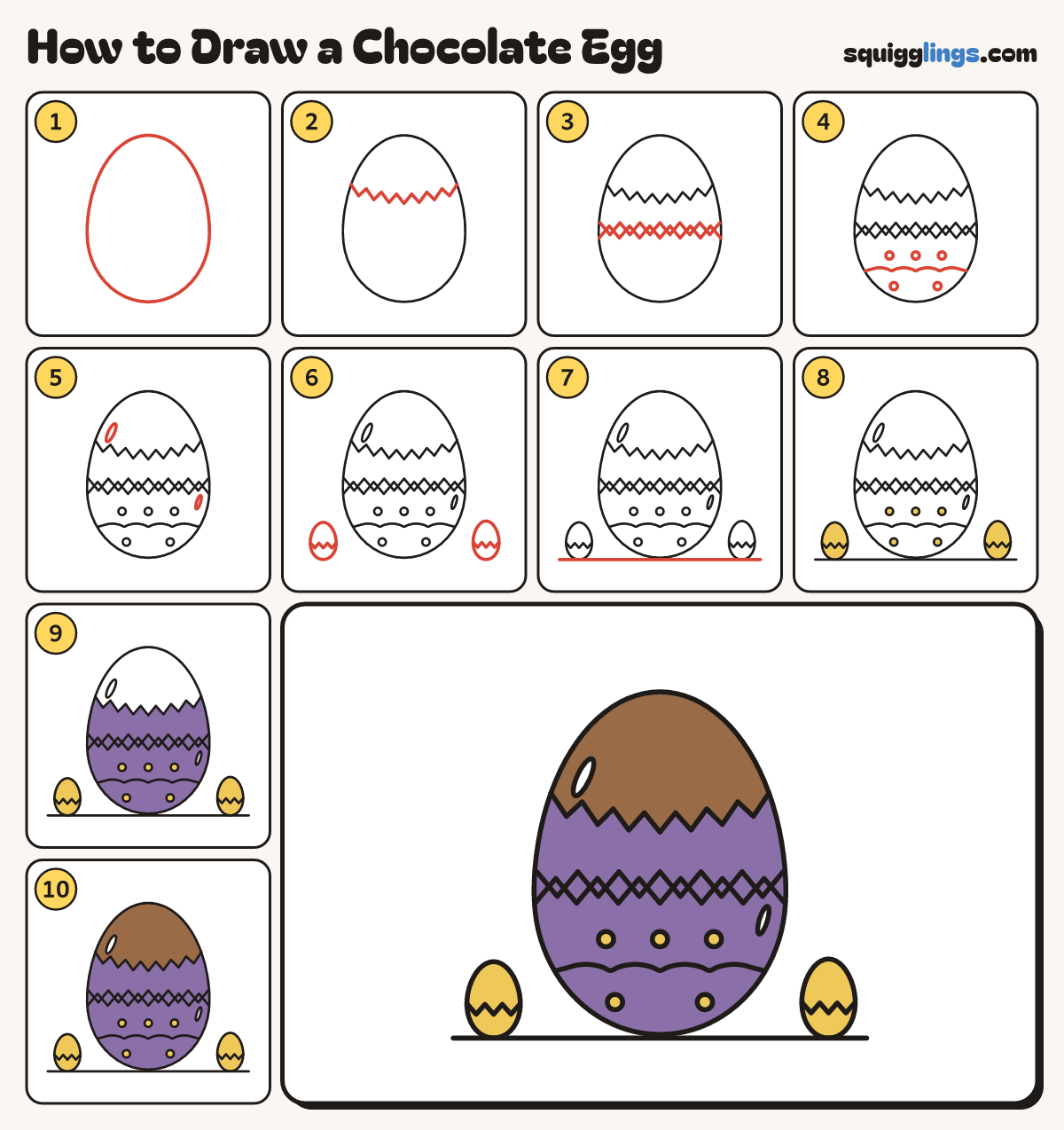 How to Draw a Chocolate Egg step by step: all 10 steps in one picture
